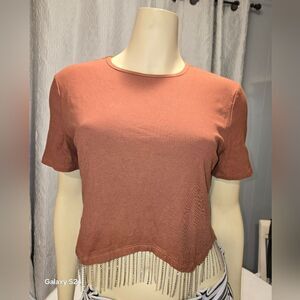 Brown Beaded Women's Top XL Nwot